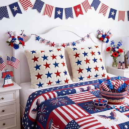 Tiamon 4 Pcs Patriotic 4th of July Throw Pillow Covers 18 x 18 Inch USA Flag American Plush 3D Embroidered Pillow Cases Red White Blue Stars Cushion Covers for Independence Day Decor Sofa Bed Home - style: Patriotic Star
