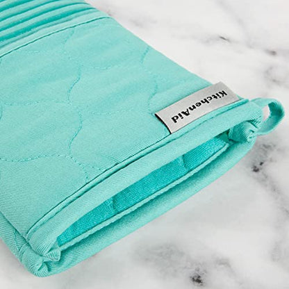 KITCHENAID Quilted Cotton Terry Cloth Oven Mitt, Pot Holder, Kitchen Towel 4-Pack Set, Heat Resistant, Silicone Grip, 16"x26", 7"x13" & 7"x10", Aqua Sky - color: Aqua Sky
