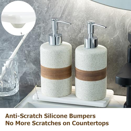2 Pack Ceramic Soap Dispensers Set, Hand and Dish Soap Dispenser | Shampoo and Conditioner Dispenser Set, for Bathroom and Kitchen | with Stainless Steel Pump, Silicone Funnel and Tray, White - color: White and White, size: 2xSoap Dispenser Set with Tray