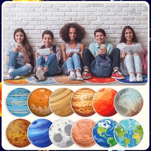 24 Pack Carpet Circles for Classroom, 16 in Non Slip Round Circle Mats for Classroom Sitting, Flexible Corner Circle Time Rugs for Reading Nook, Playing Areas, Library, Group Activity(Planet) - style: Planet