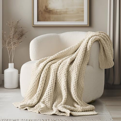 EVERGRACEHOME Chunky Chenille Knit Throw Blanket, 60 x 80, Beige | Sculpted Moss Stitch, Chic Modern Farmhouse, All-Season Warmth, OEKO-TEX® Certified, Elegant Blanket for Couch, Bed, Sofa - color: Beige, size: 60" X 80"
