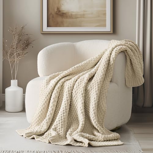 EVERGRACEHOME Chunky Chenille Knit Throw Blanket, 60 x 80, Beige | Sculpted Moss Stitch, Chic Modern Farmhouse, All-Season Warmth, OEKO-TEX® Certified, Elegant Blanket for Couch, Bed, Sofa - color: Beige, size: 60" X 80"