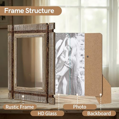 Afuly 8x10 Picture Frames Set of 2 Rustic Wood Farmhouse Unique Photo Frame | Distressed Western with Real Glass & Hemp Rope, Wall and Tabletop, Home Decor Birthday Gifts for Mom Dad Friends - size: 8x10