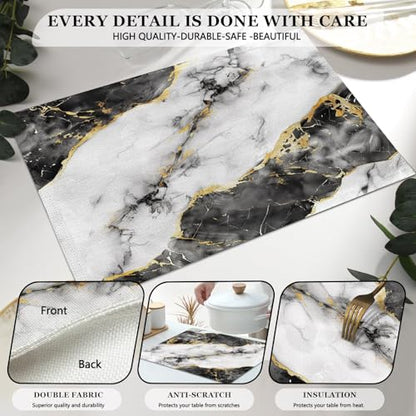 Mcalk Black Marble Table Runner and Placemats Set of 6, Marble Print Placemats, Modern Cloth Place Mats Indoor for Kitchen,Washable Linen Material for Dining Table - color: 02black