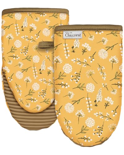 100% Thick Cotton Oven Mitts Ribbed Soft Silicone Yellow Flower | Aesthetic Oven Mitts for Women, Machine Washable Non-Slip Kitchen Mitts, Reversible for Both Hands, Stylish Kitchen Decor - color: Yellow Floral
