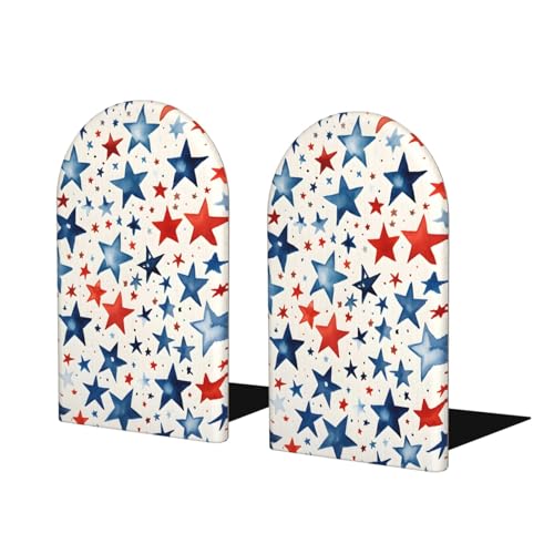 Blue Red Stars Flag Wooden Bookends for Shelves Decorative Book Ends Universal Book Organizer Holder for Office, Heavy Books, Vinyl Records - color: Blue Red Stars Flag