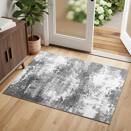 Washable Entryway Rug 2x3 Grey Door Mat Indoor Entrance 24x36 | Small Throw Rugs for Kitchen Floor, Front Porch, Bedroom Bedside, Non-Slip Low Pile Stain & Fade Resistant, Abstract Gray - color: Grey, size: 2' X 3' (Rectangular)