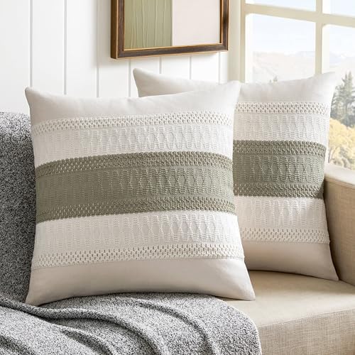 2 Pack Boho Throw Pillow Covers, Contrast Dark Sage 22x22in | Soft Breathable Cotton, Farmhouse Decorative Couch Pillow Cases, Cushion Covers for Sofa Bed Living Room Home Decor - color: Contrast/Dark Sage, size: 22" x 22" (Pack of 2)