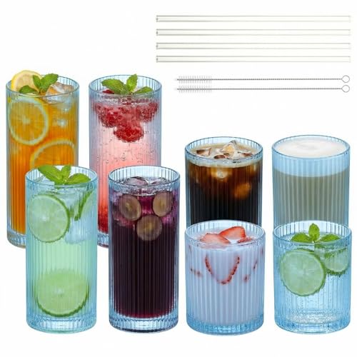 Ribbed Glass Cups with Straws, Blue Glass Drinking Cups, Drinking Glasses Set of 8, 13oz Highball & 10oz Water Glasses, Vintage Kitchen Glassware Set for Juice, Whiskey, Coffee, Cocktail - color: Blue, size: Vertical-Ribbed