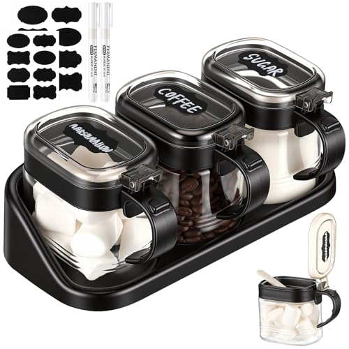 3 Pcs Sugar Coffee Container Set 16 oz Glass Condiment Jar Spice Container Coffee Station Organizer Set with Lable Stickers Scoop for Bean and Sugar Candy, Oats, Nuts (Black) - color: Black