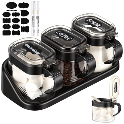3 Pcs Sugar Coffee Container Set 16 oz Glass Condiment Jar Spice Container Coffee Station Organizer Set with Lable Stickers Scoop for Bean and Sugar Candy, Oats, Nuts (Black) - color: Black