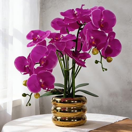 Artificial Orchids Flowers with Vase for Table Centerpieces, Real Touch Faux White Orchid Phalaenopsis in Ceramic Vase for Home Wedding Kitchen Decoration (Gold Vase, Purple) - color: Gold Vase, Purple