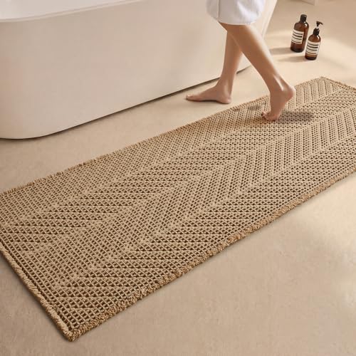 Sunfly Bathroom Runner Rug,Boho Herringbone Waffle Bath Mat Non-Slip Washable Super Absorbent Quick Dry, Farmhouse Bath Mat for Bathroom Floor Decor 24"x72" Khaki - color: Akhaki, size: 2' x 6' (Rectangular)