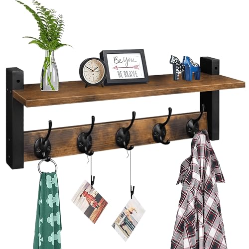 Wall Hooks with Shelf, Wood Coat Rack with Shelf Wall-Mounted, Entryway Hanging Shelves with 5 Metal Hooks for Clothes Hats Towel Purse Robes, Bathroom Mudroom Bedroom, Rustic Brown Black - color: Rustic Brown, size: 17.1 Inch Long