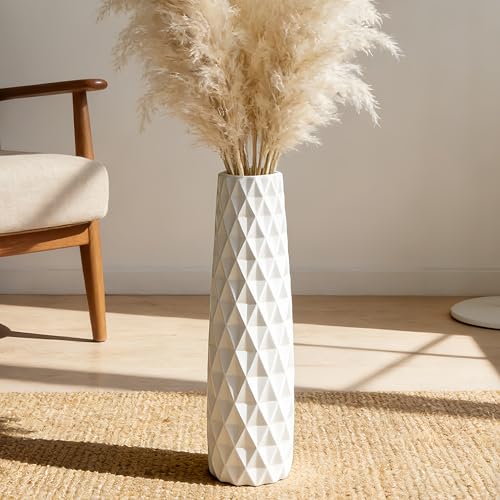 White Tall Ceramic Floor Vase, 17.7 Inch, Textured Design | Glossy Glazed Finish, Narrow Corners, Entryway, Bedroom, Compact Spaces - color: Shape 2, size: 17.7 Inch