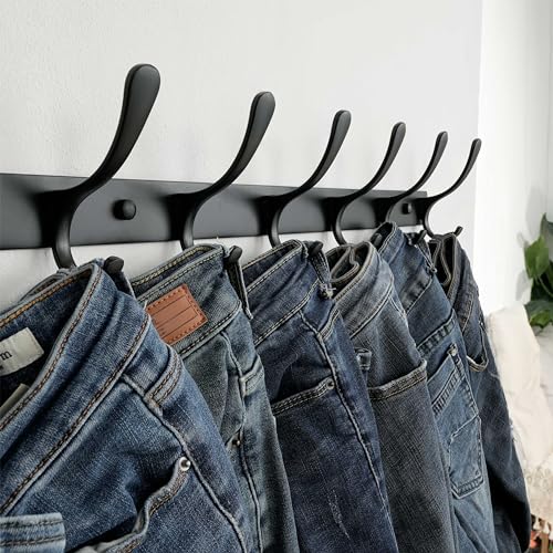SKOLOO Heavy Duty Wall Mounted Coat Rack - 6 Hooks, Stainless Steel, Pack of 2, Sturdy Coat Hooks for Hanging Clothes, Jacket, Hat, Black - color: Black, size: 6 Hook(2 Pack)