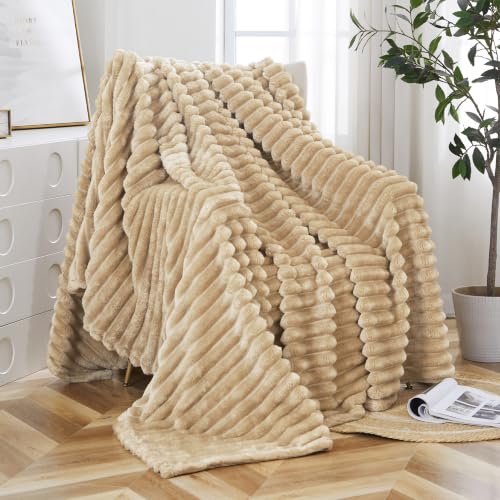 Taliska Khaki Fleece Twin Blanket 60"x80" - Soft Cozy Fluffy Striped Blanket for Couch Sofa Bed, Lightweight Warm Twin Blankets for All-Season Home Decor - color: Khaki, size: Throw(60"x80")