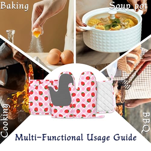 Cute Strawberry Pot Holders and Oven Mitts Set Silicone Pink Check Plaid Kitchen Gloves Potholders Heat Resistant Washable,Chef Cooking Baking Gifts for Women Men Bakers Lover Cooks - color: Cute Strawberry,pink Check Plaid