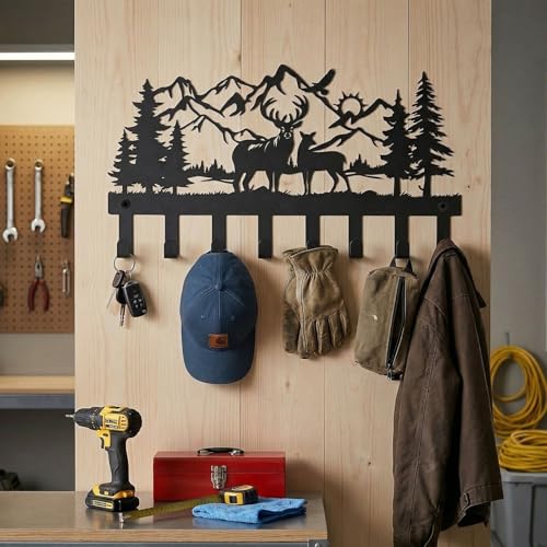 Deer Metal Key Holder for Wall, 14.5" X 8.9", Key Hooks for Wall Organizer, Key Rack, Forest Theme Coat Hat Towel Hooks, Ideal for Living Roo - size: Medium, style: Deer