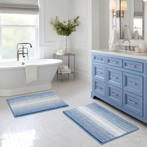 Bathroom Rugs and Mats Sets, 2 Piece Thick Absorbent Chenille Bath Mat Rug Set Non Slip, Soft Shaggy Bath Room Floor Mats for Bathroom, Machine Washable (Sky Blue, 20" x 32" Plus 16" x 24") - color: Sky Blue, size: 20" x 32" Plus 16" x 24"