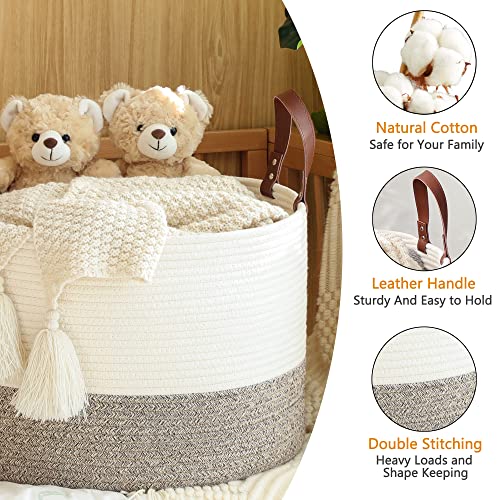 KAKAMAY Large Blanket Basket (20"x13"),Woven Baskets for storage Baby Laundry Hamper,Cotton Rope Blanket Basket for Living Room, Laundry, Nursery, Pillows, Baby Toy chest (White/Beige) | Extra Large Capacity | Natural Cotton Rope | Blanket Storage | Woven