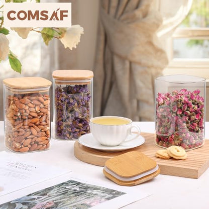 ComSaf Square Glass Containers With Lids 1.2 Qt, Set of 9 Pantry Galss Jars | Food Storage Jar, Kitchen Canisters, Storage Container, Bamboo Lid with Silicone Seal, Cookie, Flour, Spice, Coffee, BPA Free - size: 1.2Qt*9