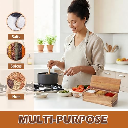 Acacia Wood Salt Cellar Spice Box with Magnetic Lid 29oz Large Capacity Salt Organizer 3 Compartments for Kitchen Countertop, Pepper, Seasonings, Spices, Grilling & Cooking - color: Acacia Wood, style: 3 Compartments