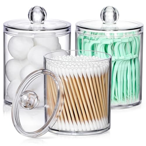3 Pack Acrylic Qtip Holder Dispenser for Cotton Swabs, Balls, Floss Picks | Thick, Highly Clear, w/ Labels - Small Canister Apothecary Jar Set, Bathroom Decor Essentials, Shelf Vanity Storage Organizer - color: Clear-3 Pack
