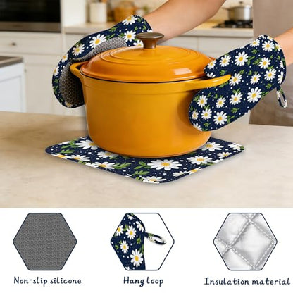 Heat Resistant Pot Holders and Oven Mitts,Daisy Flower Extra Long Kitchen Oven Mitt Set,Navy Blue Cotton Lining Anti-Slip Waterproof Kitchen Mittens Hot Pan Holder for Baking Cooking Grilling - color: Daisy Flower