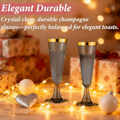 GuanQiao 40 Pack Plastic Champagne Flutes Black, Disposable Plastic Champagne Glasses with Gold Rim, Wine Glasses Cups for Wedding Celebration Birthday Party Wine Tasting New Years Eve Party Supplies - color: Gold Rim Black, size: 40-pack