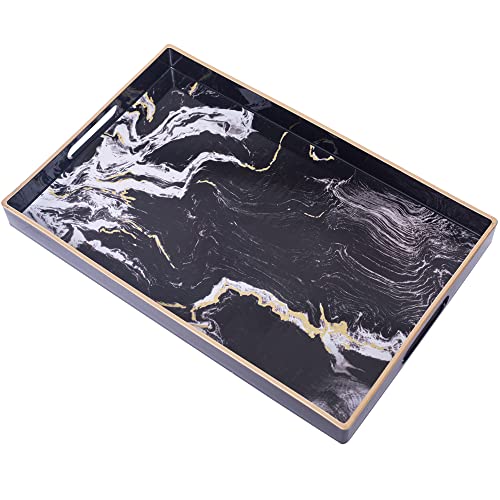 Black Decorative Tray, Plastic Rectangle Serving Tray with Handles | Rectangular Coffee Table Trays, Modern Marbling Sticker Trays Melamine Tray for Ottoman, Kitchen Countertop, 15.7” x 10.2” - color: Black, size: 15.6" x 10.2" x 1.6"