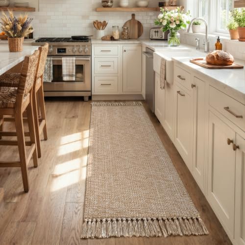 2' x 6' Kitchen Runner Rug, Modern Farmhouse Washable Bathroom Mat | Boho Hand Woven Rugs for Hallways, Tan/Cream Jute Bedroom Runner Rug, Reversible Carpet for Laundry, Entryway, Bedside, Patio - color: Tan/Cream, size: 2' x 6' (Rectangular)