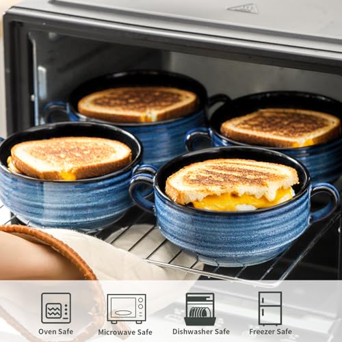 HASENSE Ceramic Soup Bowls, 20 oz French Onion Soup Bowls with Handle Set of 6, Small Serving Crock for Stew, Pasta, Chili, Cereal, Microwave Oven and Dishwasher Safe, Blue - color: Blue, size: 20oz - 6pcs