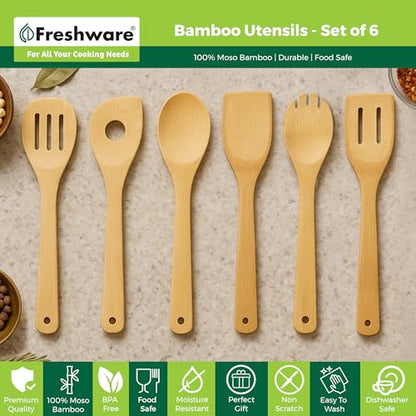 Freshware Bamboo Wooden Utensils Set for Kitchen, 6-Piece, Wooden Spoons for Cooking, Cooking Utensils Set Includes Wood Spoons and Spatula, Utensil Sets for Kitchen Essentials