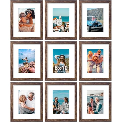Vittanly 8x10 Picture Frames Set of 9 for Wall or Tabletop Display, Brown | Display Pictures 5x7 with Mat or 8x10 without Mat, Small Photo Frames, Engineered Wood with Shatter Resistant Plexiglass - color: Brown, size: 8x10