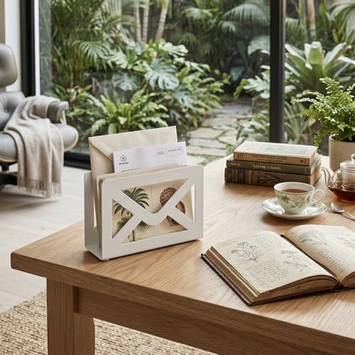 MyGift White Metal Desktop Mail Holder with Cutout Envelope Design Home and Office Desk Letter Organizer - color: White