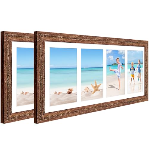 7x17 Collage Frame with 4 Openings 4X6 Pictures, Multiple Picture Frame with Mat, Wall or Tabletop Decor, Carbonized Brown Wood Grain,2 Pack - color: Carbonized Brown, size: 7x17-(4 open4x6)-2P
