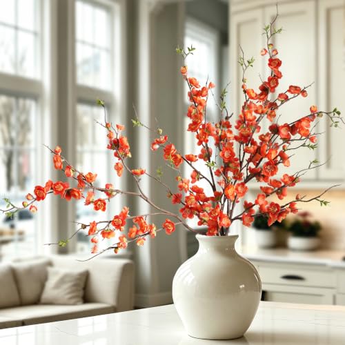 4PCS Cherry Blossom Branches Artificial Plum Blossom Fake Flowers Silk Flowers 35.4'' Artificial Flowers Long Stem Artificial Flowers for Tall Vase for Indoor Home Decoration,Orange,No Vase - color: Orange