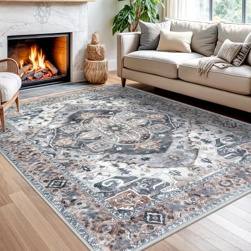 SIILOOM 5x7 Washable Area Rug, Non Slip Indoor Mat for Bedroom Living Room | Soft Boho Vintage Spill & Stain Resistant Low Pile Carpet for Dining Room Under Table Bedside, Easy Clean - color: Ash Taupe Blue, size: 5' x 7' (Rectangular)