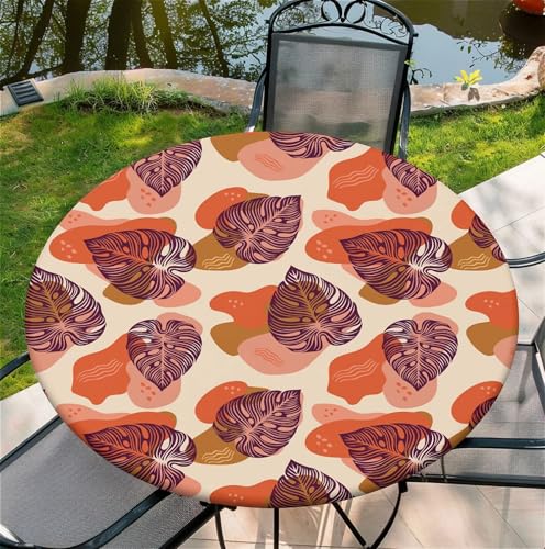 Round Fitted Tablecloth with Elastic Edge, Stain Resistant Waterproof Fabric Table Cover for 37"-44" Round Table, Indoor Outdoor Dining, Kitchen Decor, Camping, Holiday, Party, Leaves Boho - color: Leaves Boho, size: 44" (Round)