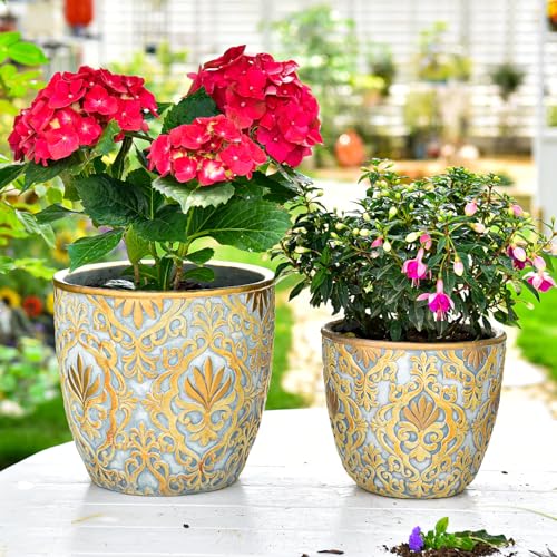 Sungmor Set of 2, 8 & 10 Inch Heavy Duty Embossed Cement Plant Pots | Sturdy Concrete Garden Planters with Drainage Holes, Decorative Flower Pots for Indoor Outdoor Home & Patio Decor