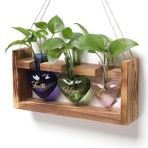 Plant Terrarium Propagation Stations Hydroponics | Home Garden Decoration Gift for Women with Wooden Stand Heart Shaped Colored Glass Vase - color: Color 1(Faith Hope Love)