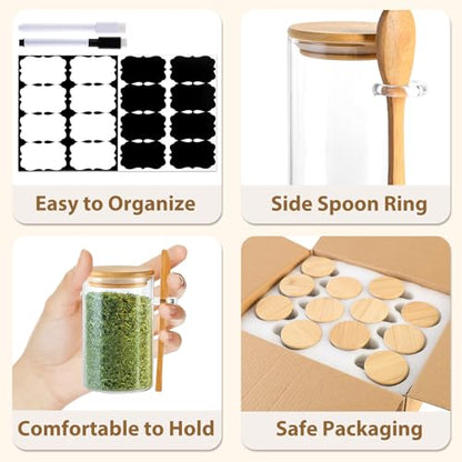 12 Pack 8 oz Round Glass Spice Jars with Lids and Spoons – Airtight Small Spice Containers Set with Labels, Clear Glass Storage Jars for Seasoning, Spices, Kitchen Pantry Organization - color: Round/8oz/12pcs/Spoon