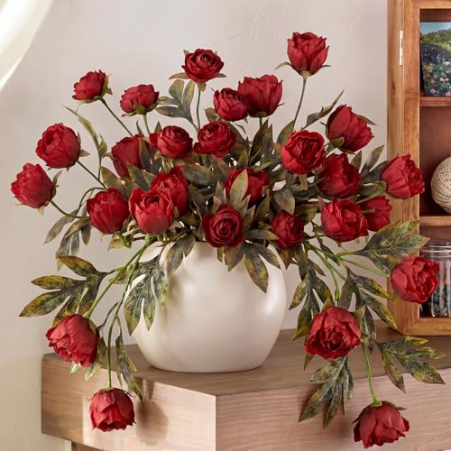 Thiccywoov Faux Silk Peony Artificial Flowers Stem for Vase,8 Pcs,Burgundy | Burgundy Fake Peonies Branches with Stems, for Fall Autumn Home DIY Bouquet Centerpieces Wedding Arrangements Shower Decor - color: Burgundy
