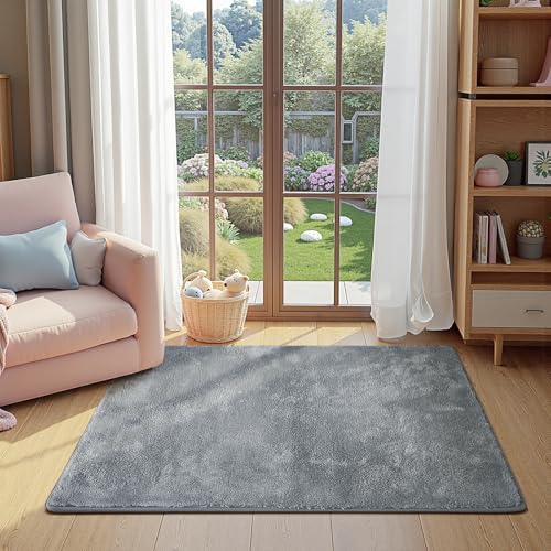 jinchan 3x5 Solid Plush Area Rug Shaggy Washable Entryway Rug, Grey | Soft, Cozy, Non-Slip, Faux Wool, Performance Rug, Floor Carpet, Bedroom, Kids Room, Bathroom, Kitchen, Nursery, Living Room - color: Solid Grey, size: 3' x 5' (Rectangular)