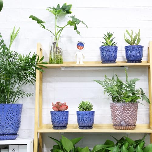 Gepege Ceramic Succulent Pots, 4 Inch Small Plant Pots with Drainage | Ceramic succulent pots with drainage holes, ceramic saucers and mesh pads, set of 4, ideal for cactus and succulents - color: Blue, size: 4 Inch - Set of 4