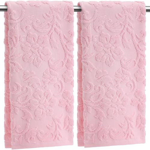 SmoothNovelty 2 Pcs Pink Jacquard Hand Towels for Bathroom Floral Hand Towels 100% Cotton Absorbent Decorative Weave Bath Washcloth Bathroom Decor Gift, 13.7 x 29.5 Inch - color: Pink, style: Floral