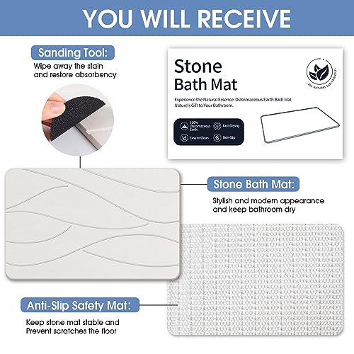 Veeloim Stone Bath Mat Diatomaceous Earth Shower Mat Non-Slip Super Absorbent Diatomite Stone Bath Mats for Bathroom Floor Quick Drying Natural Easy to Clean(23.6''×15.4" White) | Fast Drying, Super Absorbent, Sustainable Material, Non-Slip, Easy Maintena
