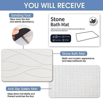 Veeloim Stone Bath Mat Diatomaceous Earth Shower Mat Non-Slip Super Absorbent Diatomite Stone Bath Mats for Bathroom Floor Quick Drying Natural Easy to Clean(23.6''×15.4" White) | Fast Drying, Super Absorbent, Sustainable Material, Non-Slip, Easy Maintena