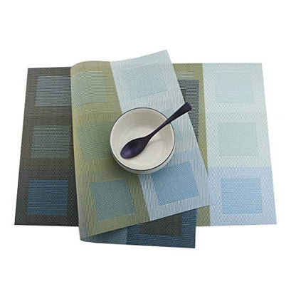 Set of 6 Placemats for Dinning Table, Luxury PVC Woven Vinyl Table Mats,Washable and Heat Insulation Kitchen Place Mats (6 pcs, Red) - color: Blue-square